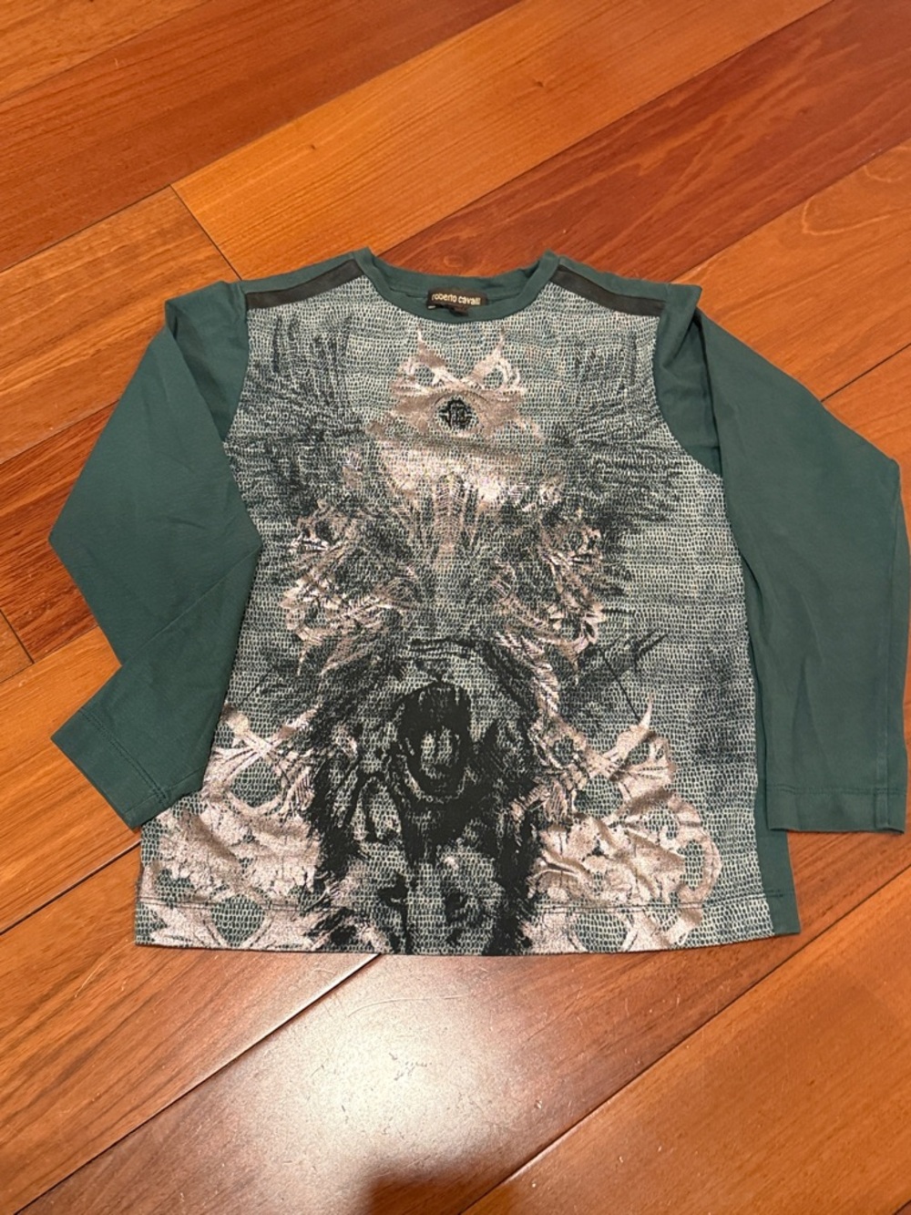 Roberto Cavalli Teal Green Graphic Long Sleeve Shirt